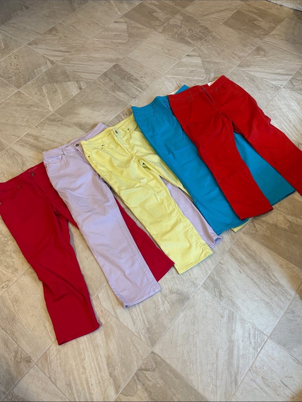 Chico's Crop Pants Bundle in Red, Lavender, Lemon -Lime, Turquoise & Red-Orange